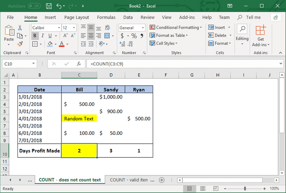 COUNT function not counting text
