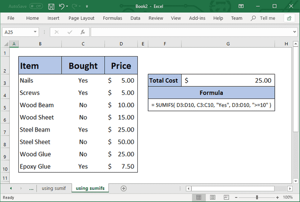 How to add in Excel using the SUMIFS function