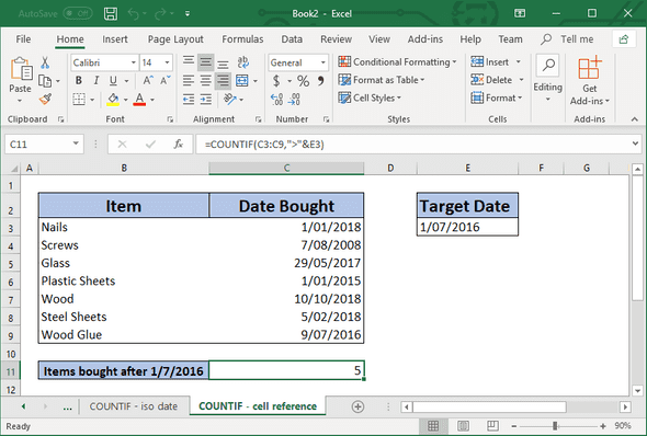 Using the COUNTIF function with a cell reference