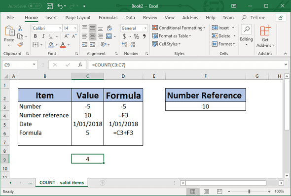 Valid Excel COUNT function items