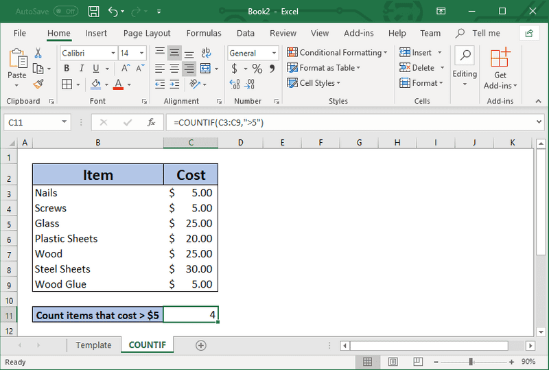 Use COUNTIF to count items above $5
